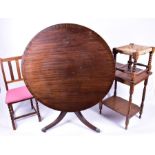 Four pieces of furniture comprising an oak dining chair, an oak two-tier table, a reproduction