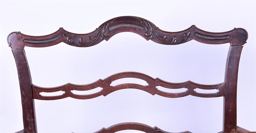 A George III mahogany pierced ladder back elbow chair with scroll design to top and drop-in - Image 4 of 8