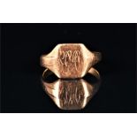 An 18ct yellow gold signet ring the cartouche engraved with indistinct initials, size S, 4.5 grams.