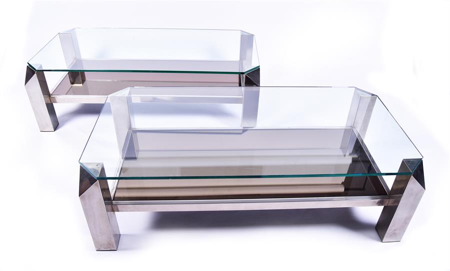 A pair of 1970s French chromed metal square coffee tables the bases with chunky legs with triangular