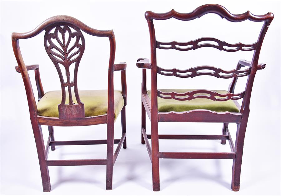 A George III mahogany pierced ladder back elbow chair with scroll design to top and drop-in - Image 8 of 8