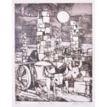 Julian Trevelyan (1910-1988) British Tower & Oxen, limited edition aquatint etching numbered 39/