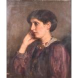 An early 20th century portrait of a lady in semi-profile wearing a purple dress and beaded necklace,