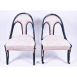 A pair of Victorian upholstered salon chairs in the chinoiserie taste each with blue and gilt