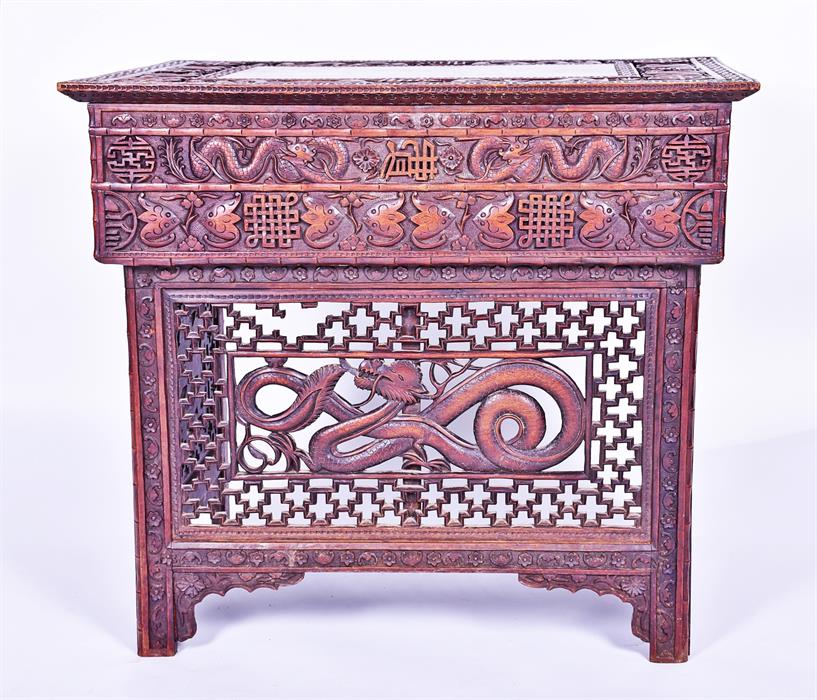 A late 19th / early 20th century Chinese hardwood writing table the rectangular top inlaid with - Image 6 of 6