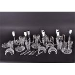 A set of four Waterford Crystal double armed wall sconces with hanging crystal prisms, each 30 cm