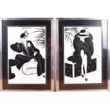 L J Green (1905-1993) British a pair of Art Deco style black and white prints of fashionable