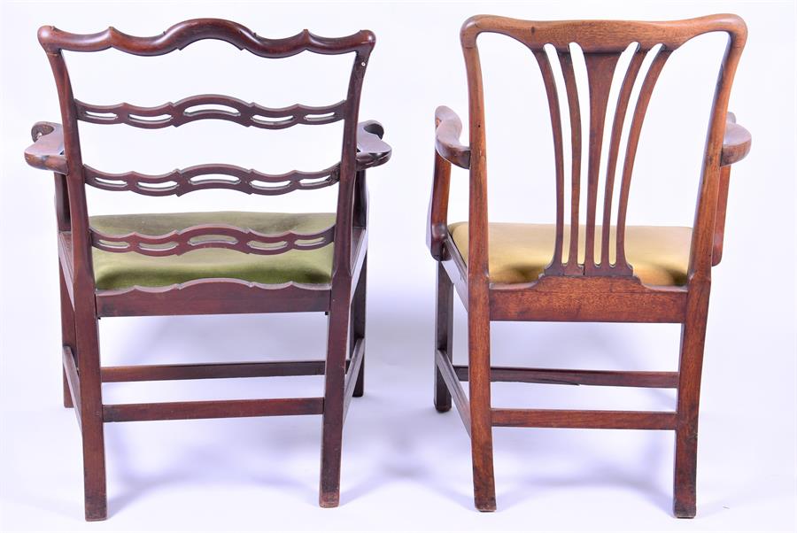 A George III mahogany pierced ladder back elbow chair with scroll design to top and drop-in - Image 5 of 8
