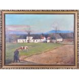 S. Brunner (20th century) German cows grazing outside a sprawling farm, oil on canvas, signed to