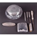 A silver covered glass dressing table bowl together with a silver card case, an Art Nouveau style