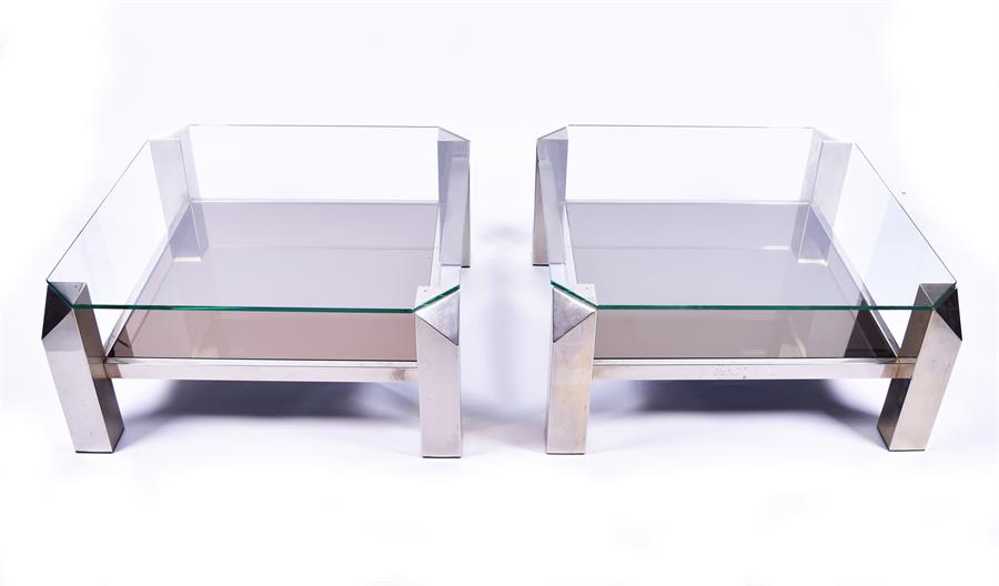 A pair of 1970s French chromed metal square coffee tables the bases with chunky legs with triangular - Image 3 of 4