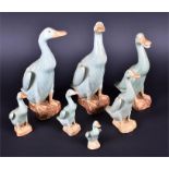 A graduated group of seven of Chinese celadon ducks some with impressed seal mark to base, the