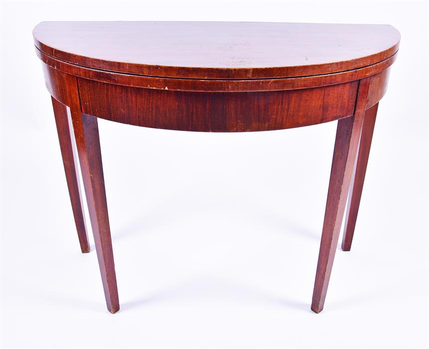 A 19th century mahogany demi-lune card table  opening to reveal green baize, on plain tapering - Image 2 of 3