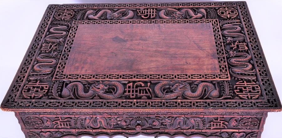 A late 19th / early 20th century Chinese hardwood writing table the rectangular top inlaid with - Image 2 of 6