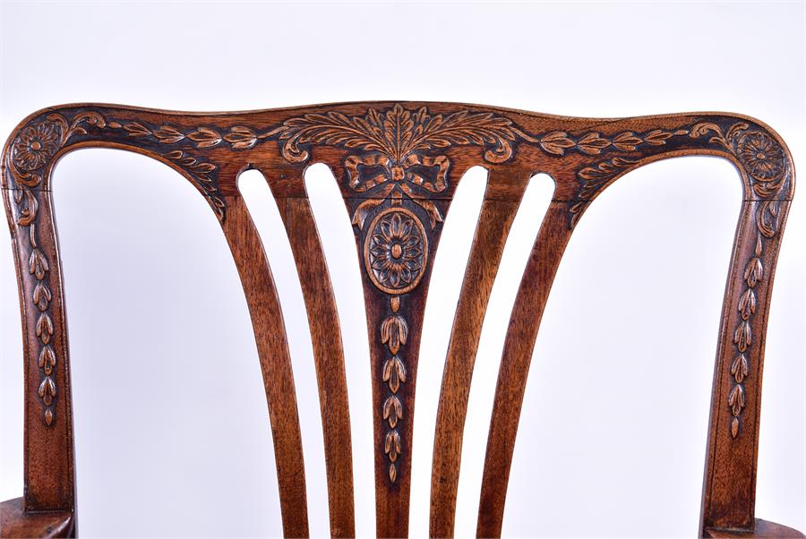 A George III mahogany pierced ladder back elbow chair with scroll design to top and drop-in - Image 3 of 8