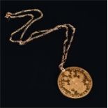 An Austrian 4 ducat coin pendant suspended on a 9ct yellow gold chain, total weight 19 grams.