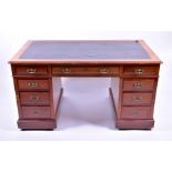 An early 20th century mahogany nine drawer pedestal desk 76cm high x 138cm wide. CONDITION REPORT