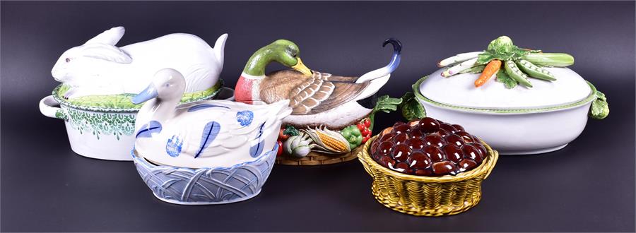 Five decorative contemporary tureens and covers comprising a Le Cordon Bleu Country Life example