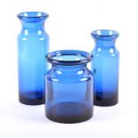 A group of three 1970s Swedish Hovmantorp glass vases the cobalt blue cylindrical waisted bodies
