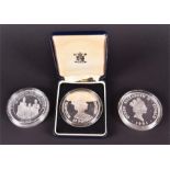 Three large commemorative silver coins including an Elizabeth II St. Helena Ascension 70 years £25