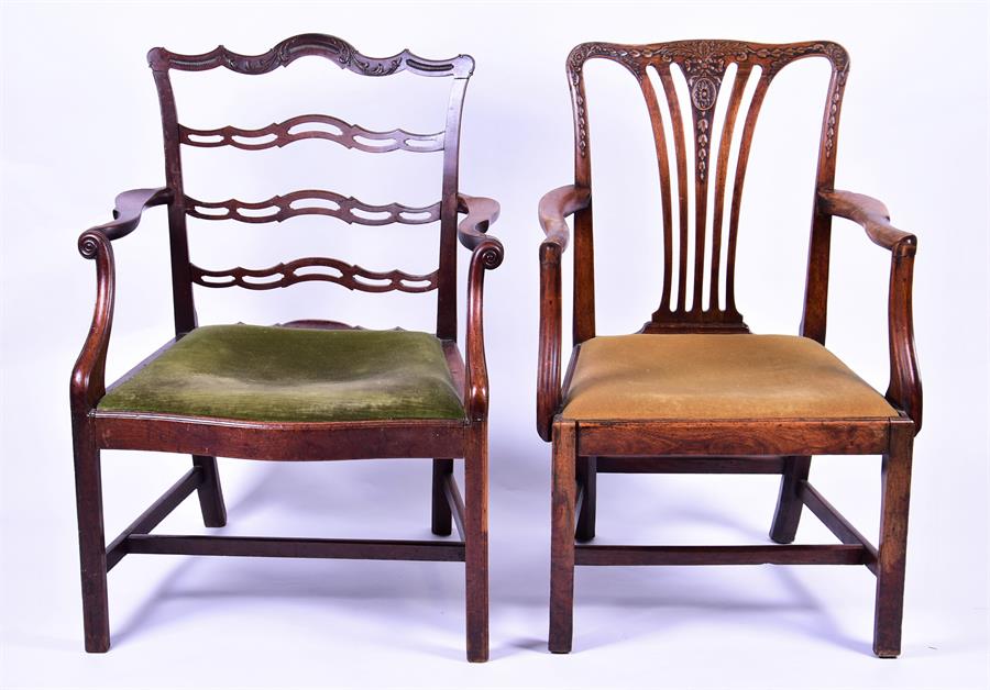 A George III mahogany pierced ladder back elbow chair with scroll design to top and drop-in - Image 2 of 8