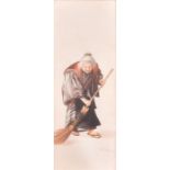 A 20th century Japanese watercolour of a hunchbacked old lady sweeping, signed 'S. Hodo' to lower