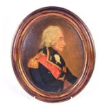 A 19th century half-length portrait of Nelson in profile, oil on board, within a period oval metal