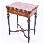 A Victorian kingwood and marquetry folding card table in the French style profusely inlaid with