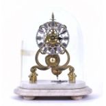 A Victorian brass-skeleton clock  the silvered dial bearing roman numerals, mounted to a stepped