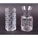 Two unique Dartington Glass vases, the colourless glass bodies with moulded geometric and/or