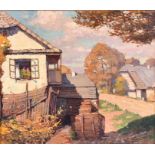 A 20th century Austrian oil painting depicting a farmyard in the Pfeffenschlag municipality