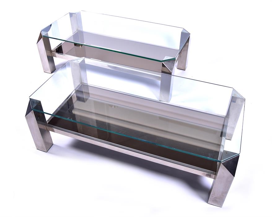 A pair of 1970s French chromed metal square coffee tables the bases with chunky legs with triangular - Image 2 of 4