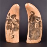 A pair of late 19th/early 20th century scrimshaw decorated sperm whale teeth depicting a pair of