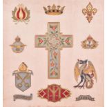 A WWII period embroidered panel of military / ecclesiastical interest the canvas ground populated