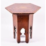 A 19th century hexagonal Moorish occasional table in burr and olive wood veneers  the top in burr
