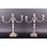 A pair of Portuguese silver three-light candelabra Porto, .925 standard, 20th century, with fluted