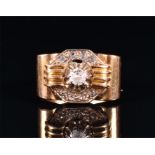 A yellow metal and diamond ring in the Art Deco taste, the octagonal shaped mount pave set with