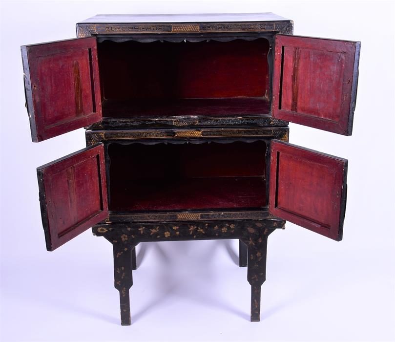 A 20th century black lacquer double cabinet on stand of rectangular form, the stacking sections - Image 7 of 7