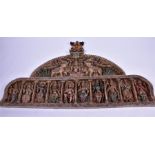 An impressive old Indian carved and painted wood panel / doorway pediment a central deity is flanked