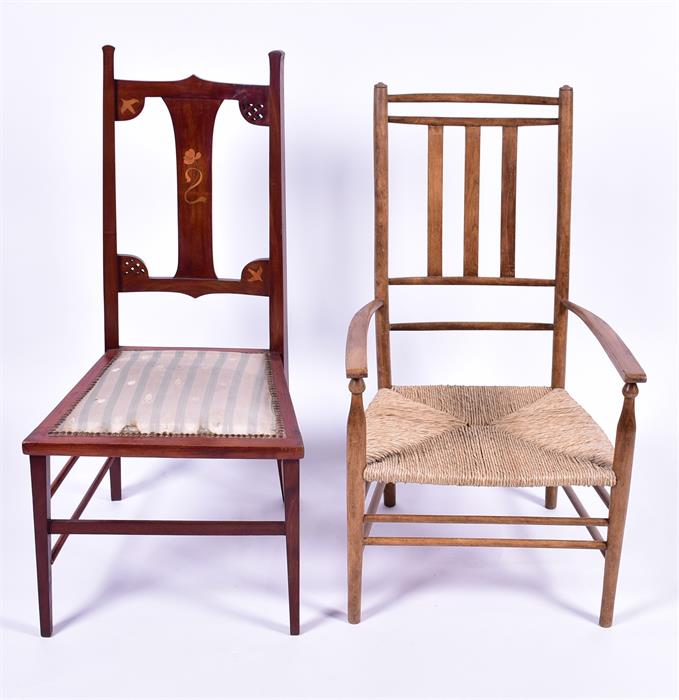 A small rush seated Sussex type chair together with a mahogany bedroom chair, loosely in the