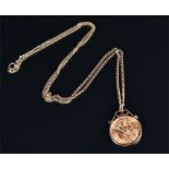 A 1914 half sovereign mounted in a pendant, suspended on a 9ct yellow gold chain, 9.3 grams.