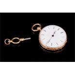 A mid 19th century gold fob watch circa 1830-40, the four piece case with engraved and chased case