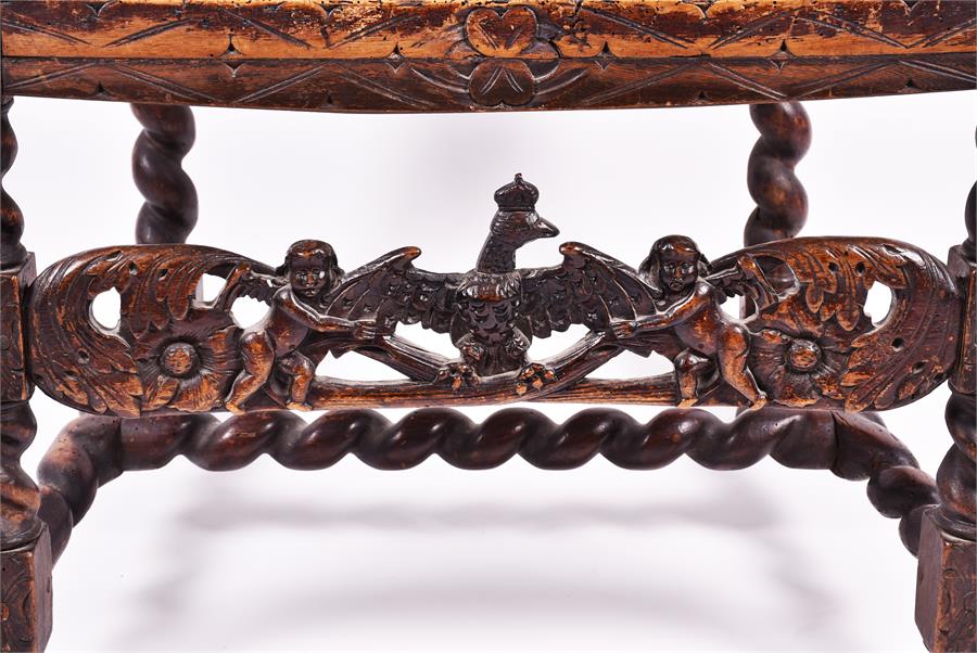 A Charles II style carved walnut armchair with intricately decorated top section depicting - Image 4 of 5