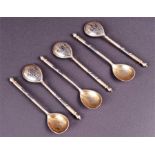 A set of six Russian silver-gilt and niello demi-tasse spoons maker's mark GAG (Cyrillic), Moscow,