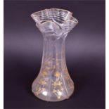 A large Thomas Webb & Sons clear glass vase of ribbed tapering cylindrical form with gilded flared
