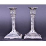 A pair of late Victorian silver dwarf candlesticks  by Harrison Brothers & Howson, Sheffield,