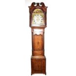 A George III oak long case clock  signed Deacon, Barton, eight day movement, the broken scroll