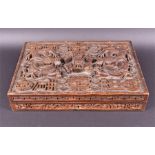 A Kashmirian deeply carved Padouk wood cigar box c.1900, of Chinese, Indian and English influence,
