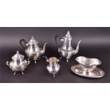 A French four-piece silver plated coffee set comprising coffee pot, hot water pot, milk jug, (with