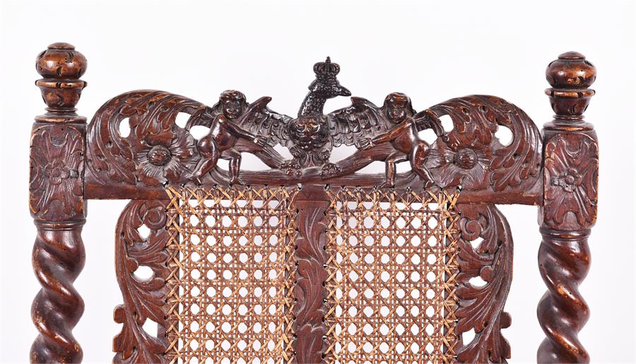 A Charles II style carved walnut armchair with intricately decorated top section depicting - Image 3 of 5